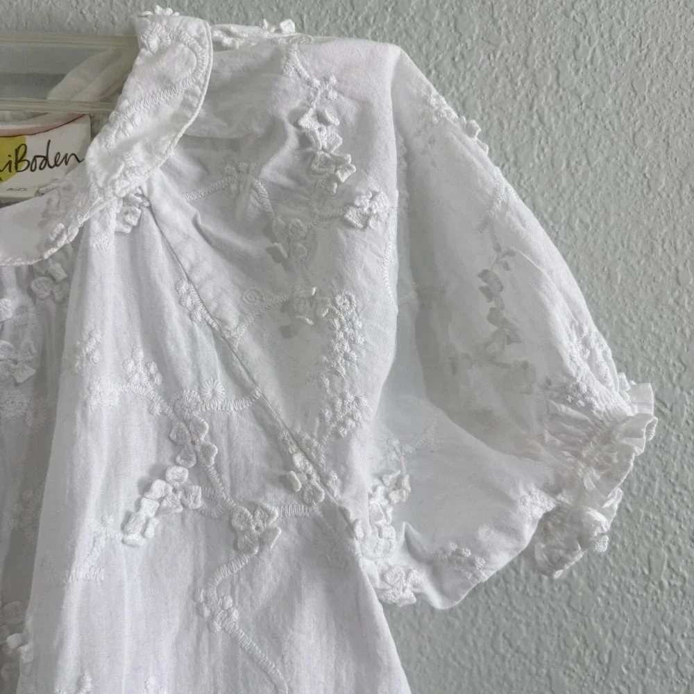 Mini Boden Girls 6-7Y White Embroidered Cotton Peter Pan Collar Blouse